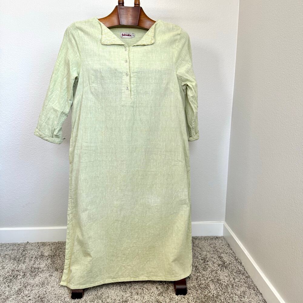 Lagenlook Fabindia 100% Cotton Midi Dress XL Sage Green Boho Pockets Oversized